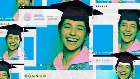 A woman wearing a mortarboard; the window of social media platform