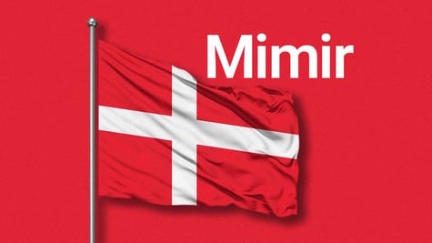 A Danish flag, the word "Mimir" in white