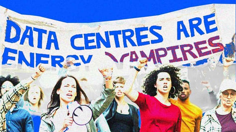 Protestors hold a poster saying "Data centers are energy vampires"