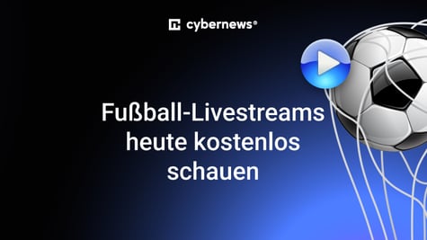 Fußball trifft das Netz im Tor, Play Button, blau-schwarzer Hintergrund