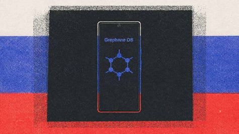 A smart phone and a Graphene OS logo with the Russian flag in the background