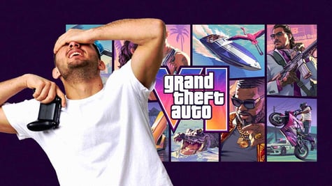 A disappointed gamer next to imagery of the upcoming GTA VI video game