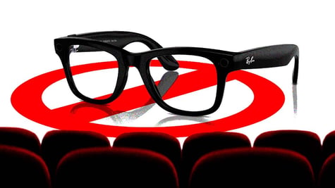 Meta glasses with a "Not Allowed" sign over them in a cinema hall