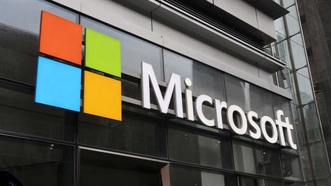 The Microsoft logo on the company's headquarters in New York