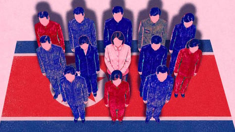 A group of fake North Korean remote workers standing on a North Korean flag