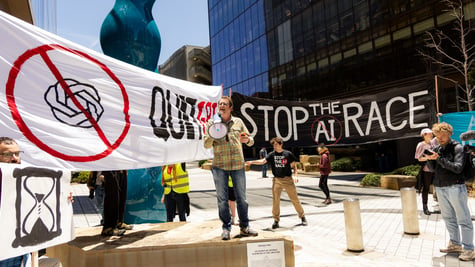 Protest outside Open AI HQ offices in San Francisco, California, US, on Saturday, July 11, 2026.