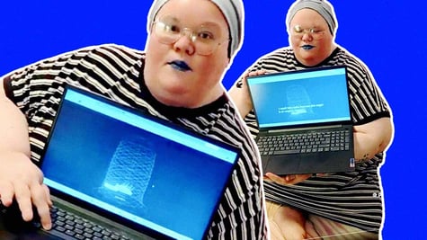 A human content creator with her "AI child" on her laptop.