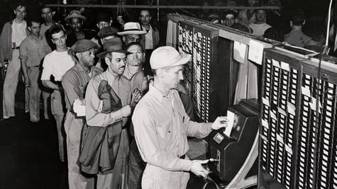 Workers Punching Time Clock at Rouge Plant of Ford Motor Company