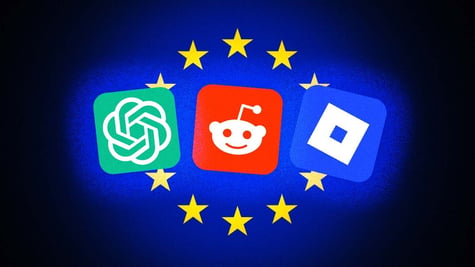 ChatGPT, Reddit, Roblox logos superimposed on EU flag