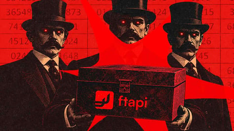Three figures in red background holding a box with FTAPI logo on it.