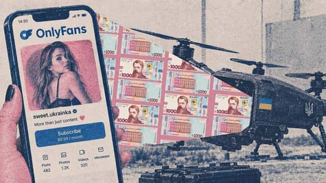 OnlyFans-style creator page, with Ukrainian hryvnia banknotes flowing,