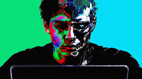 An individual drawn like an computerized AI bot looking at the screen of their laptop