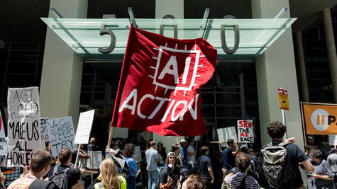 Demonstrators rally outside Anthropic headquarters in San Francisco, California