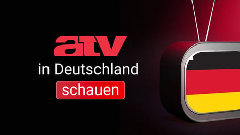 ATV-Logo, TV-Gerät mit Bundesflagge, rot-schwarz 
