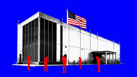 Data center, with US flag, and people in front of it with a blue background.