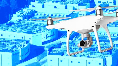 A drone flying over a data center