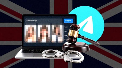 Blurred pornographic deepfakes of women on the laptop, Telegram logo