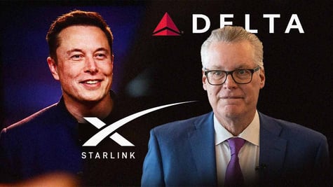 Elon Musk, logo of Starlink, Delta CEO Ed Bastian, and logo of Delta Air Lines.