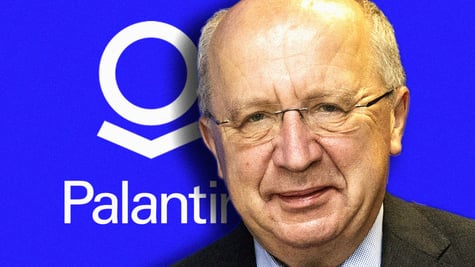 The logo of Palantir Technologies, EU's defense and space commissioner Andrius Kubilius