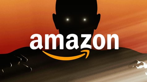 amazon logo, black man shadow in the background