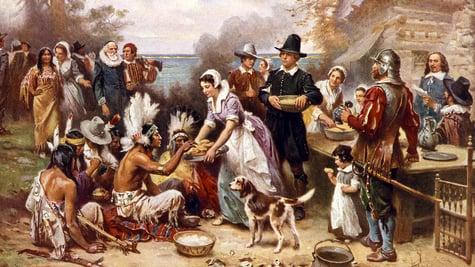 first thanksgiving 1621. Pilgrims and Natives gather to share meal