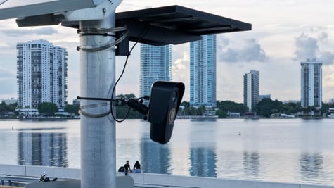 black flock camera, two solar panels above it, blue water, five skyscrapers, blue cloudy sky, couple