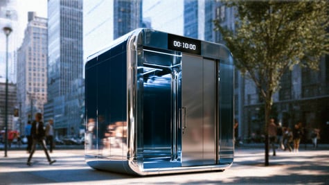 A NYC futuristic modular toilet, with a 10 minute time warning.