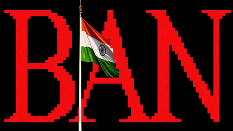 A word "BAN" in red letters and an Indian flag