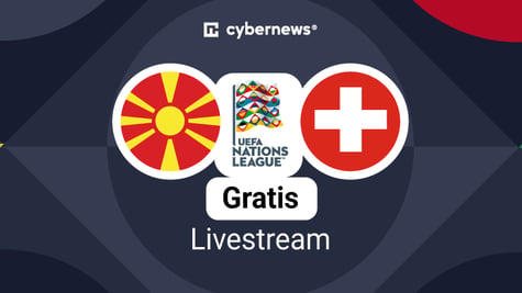 UEFA-Nations-League-Logo mit den Verbandslogos von Nordmazedonien und der Schweiz und dem Schriftzug „Gratis Livestream“