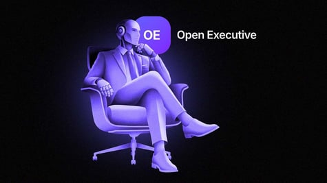 A robot in suit is sitting on a chair, the words "Open Executive"
