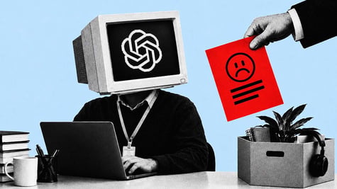 Person with computer instead of a head is sitting in front of a laptop
