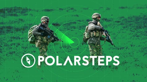 The logo of the Polarsteps app, two armed soldiers walking in the green background