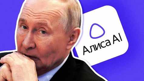 Russia's president Vladimir Putin, the logo of  Alice AI