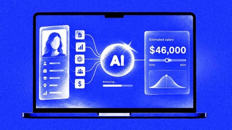 A person's social media profile, letters "AI", a graph showing an estimated salary of $46,000