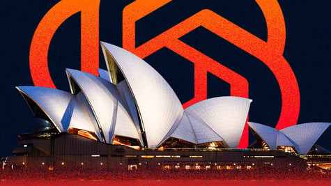 Sydney Opera House and an ominously red ChatGPT logo.