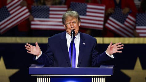 US President Donald Trump speaks on stage at the 2026 Republican National Convention