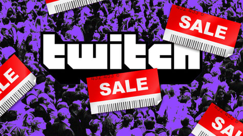 Twitch logo with people in the background and sign sale