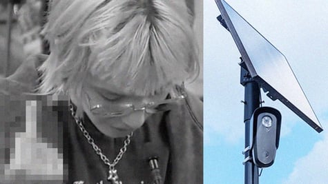 A woman showing middle finger in a hearing against Flock cameras on the left corner of collage and Flock camera with solar panel on the right side.