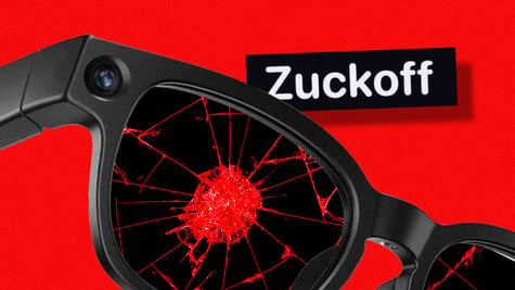 Zuckoff app logo with broken Meta glasses in the red background