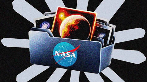 File cabinet labeled NASA, with pictured of Planets, against a backdrop of Claude.