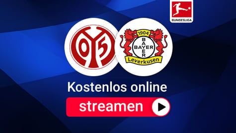 Vereinswappen von Mainz 05 und Bayer 04 Leverkusen vor blauem Hintergrund