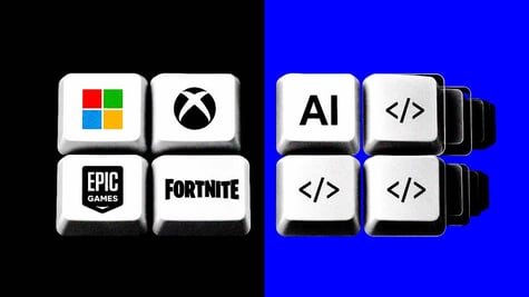 Split-screen of Microsoft and Epic Games' organic efforts and that of AI.