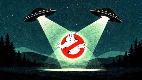 Two UFOs beaming down the ghostbusters logo.
