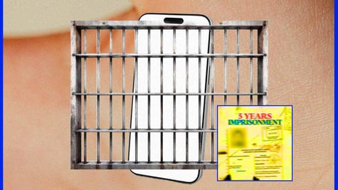 A smartphone behind prison bars, with a 5 years imprisonment document.