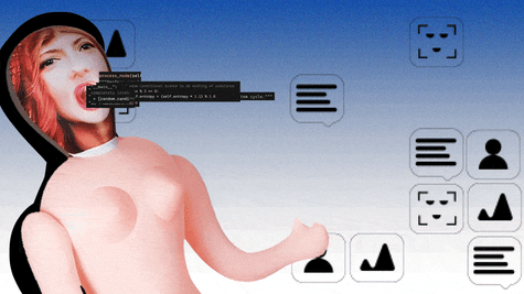 Sex doll with data flowing out of her mouth in front of a blue background