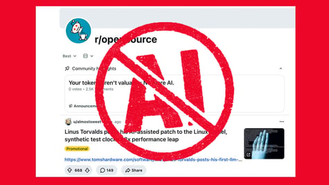A "No AI" stamp on a Reddit open source forum.