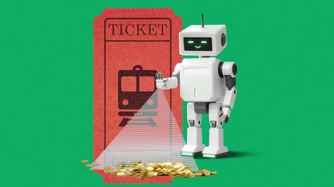 AI lighting pile of money with a train ticket in the background