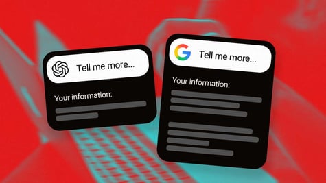 Two phone screens with AI search and Google search modes, each saying "Tell me more."