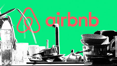 The Airbnb logo next to dirty dishes.