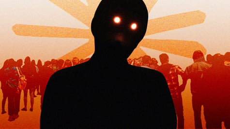 An AI agent surrounded by a group of people, the logo of Anthropic